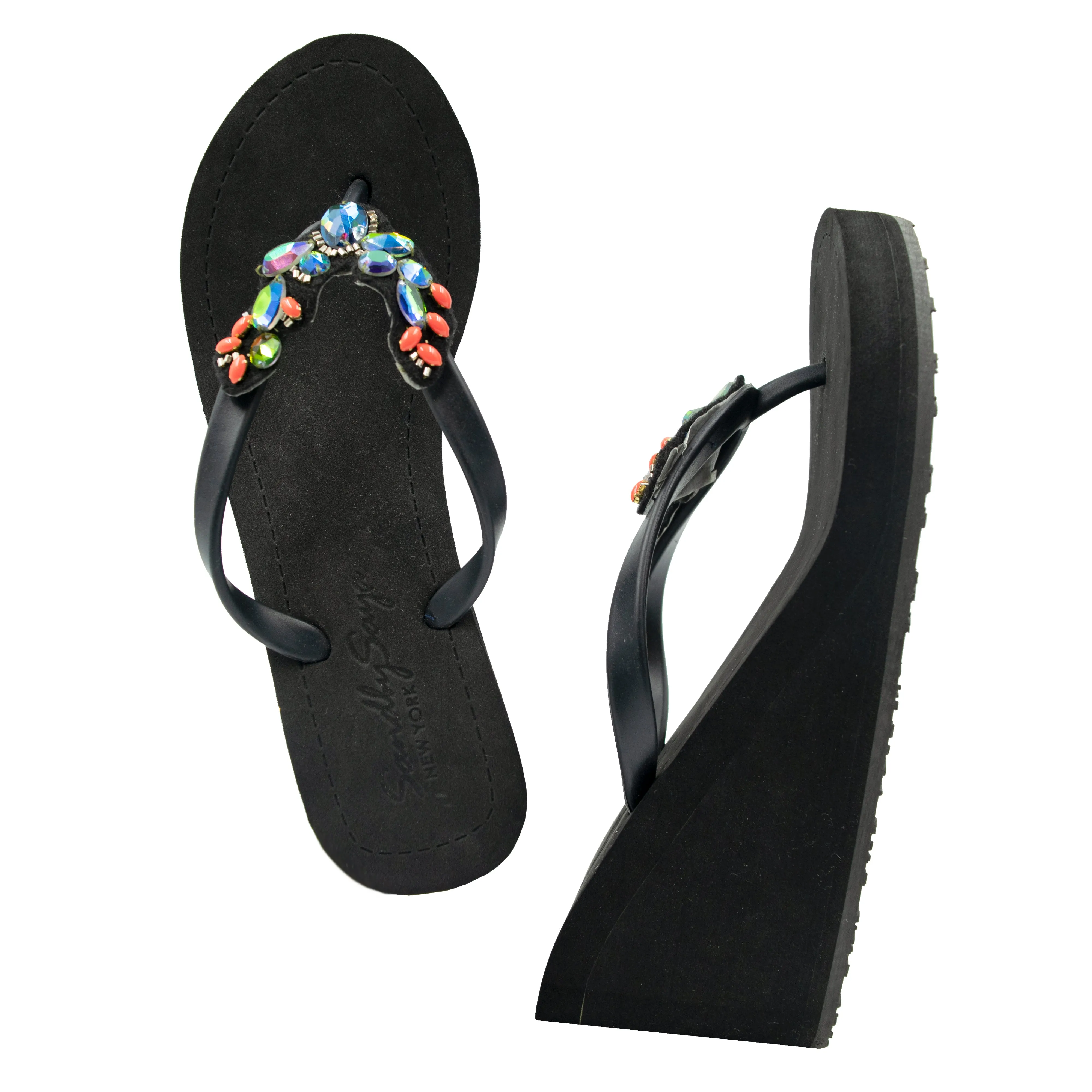 Cactus - Rhine Stone Embroidered High Wedge Flip Flops Sandal