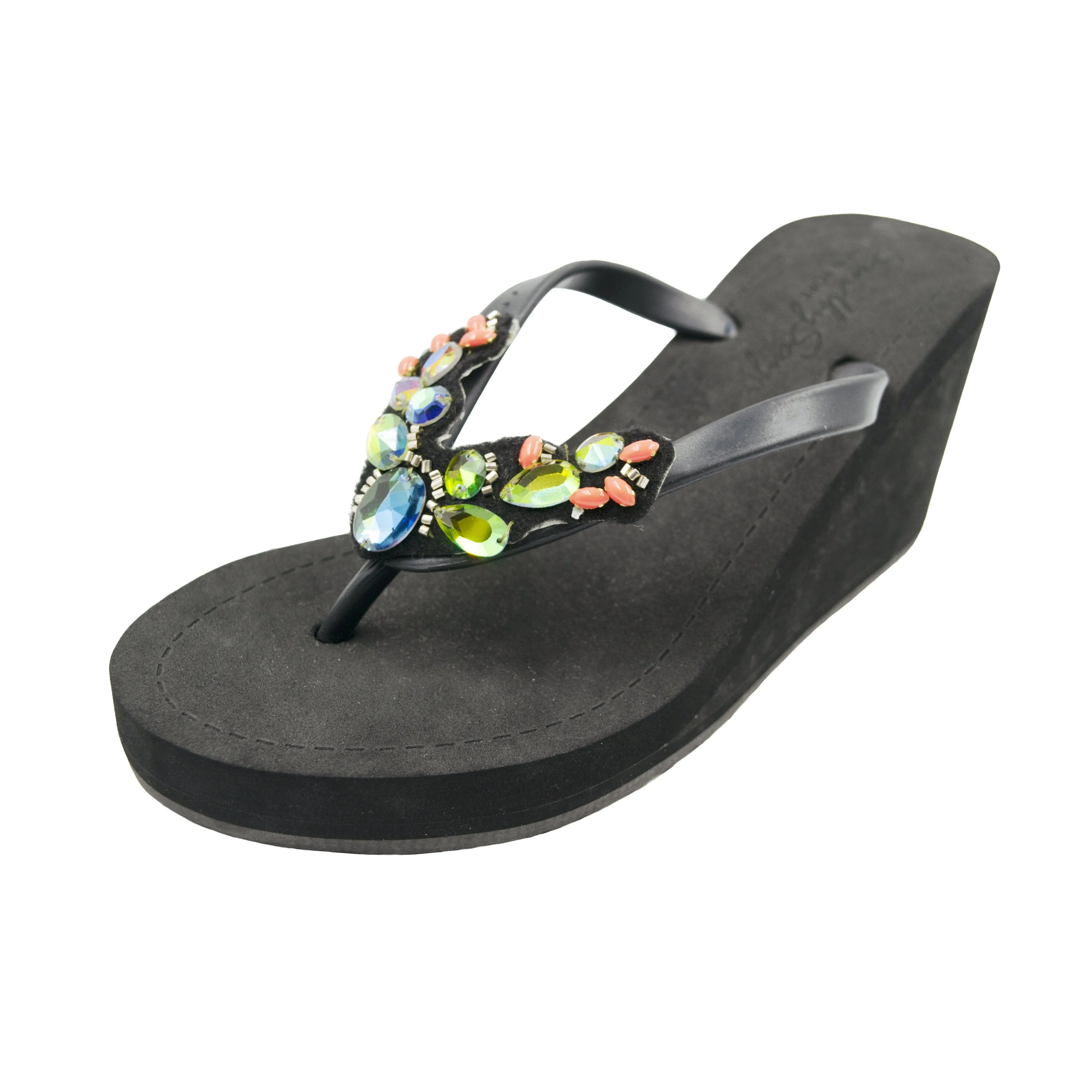 Cactus - Rhine Stone Embroidered High Wedge Flip Flops Sandal