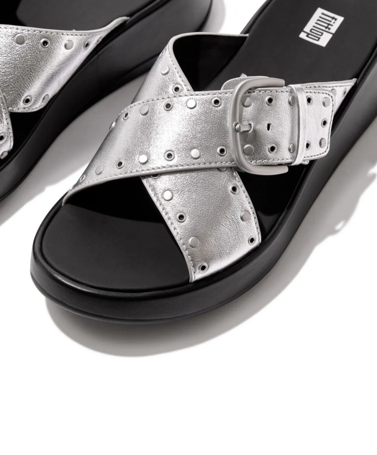 Fitflop F-Mode Buckle Stud M/Leather Flatform Cross Slide Silver