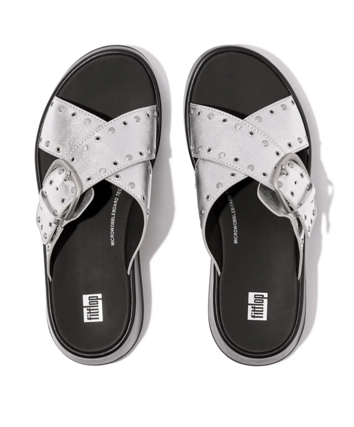 Fitflop F-Mode Buckle Stud M/Leather Flatform Cross Slide Silver