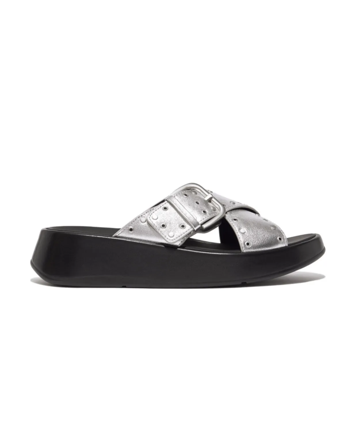 Fitflop F-Mode Buckle Stud M/Leather Flatform Cross Slide Silver