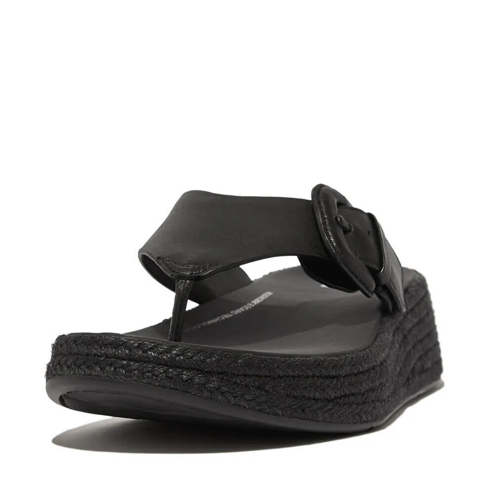 FitFlop F-Mode Espadrille Adj. Leather Flatform Toe-Thongs Sandals - Black