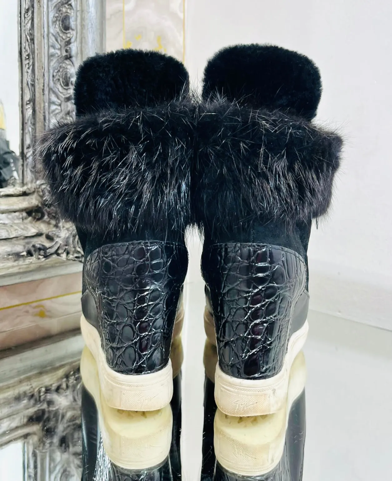 Giuseppe Zanotti Leather & Fur Wedge Sneakers. Size 36.5