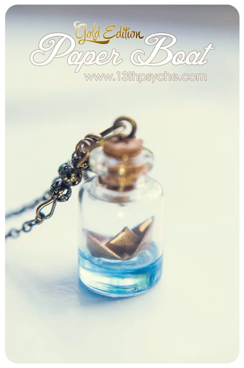 Golden origami paper boat bottle pendant necklace