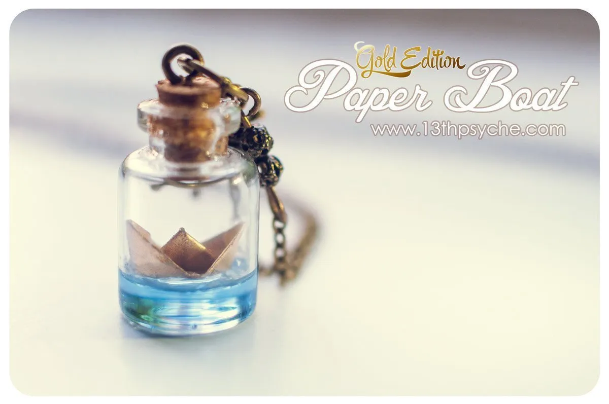 Golden origami paper boat bottle pendant necklace