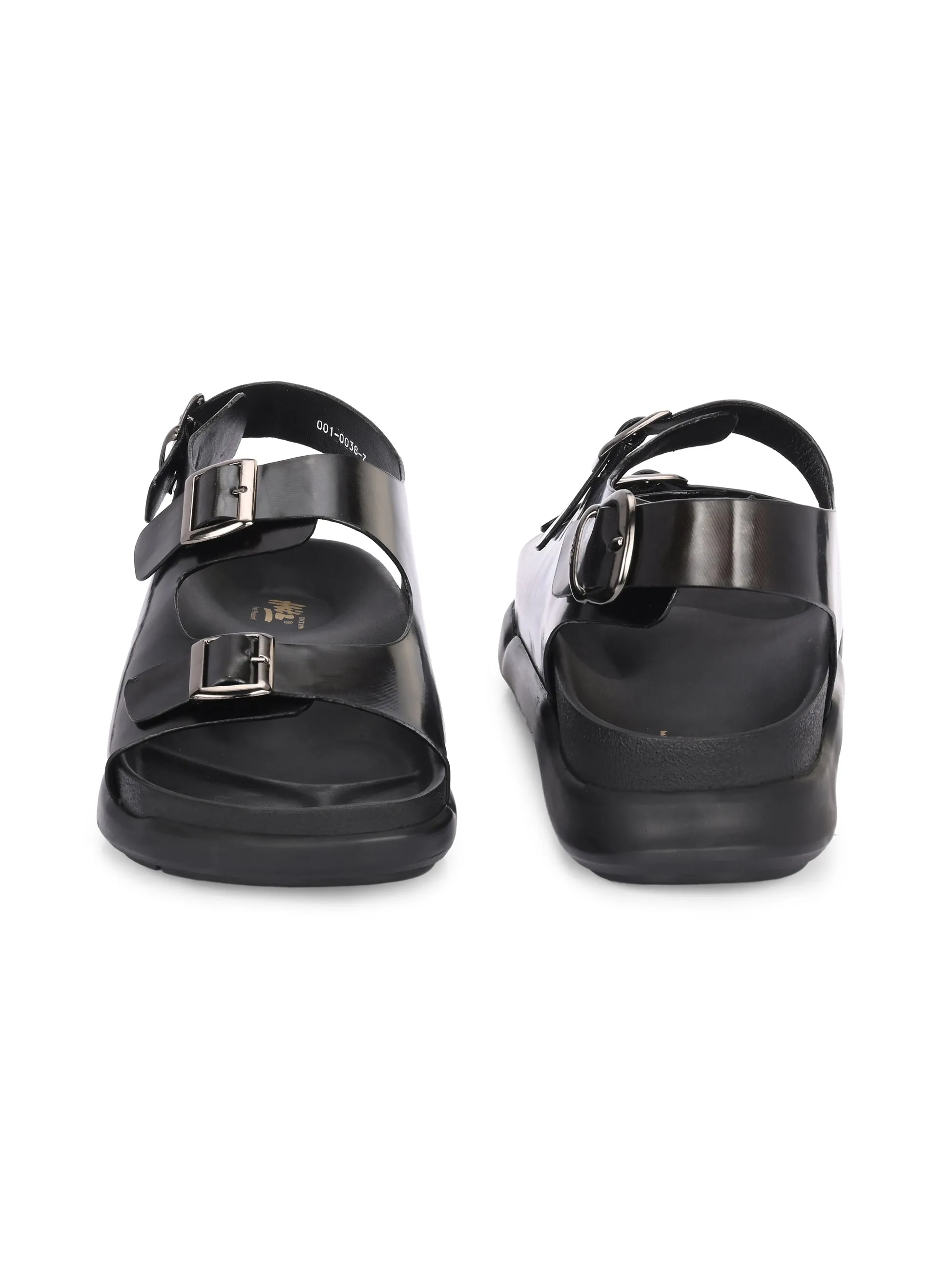 Hitz Men's Black Leather Daily Wear Sandals