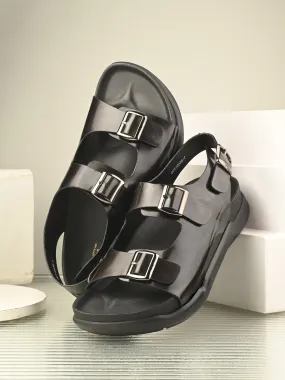 Hitz Men's Black Leather Daily Wear Sandals