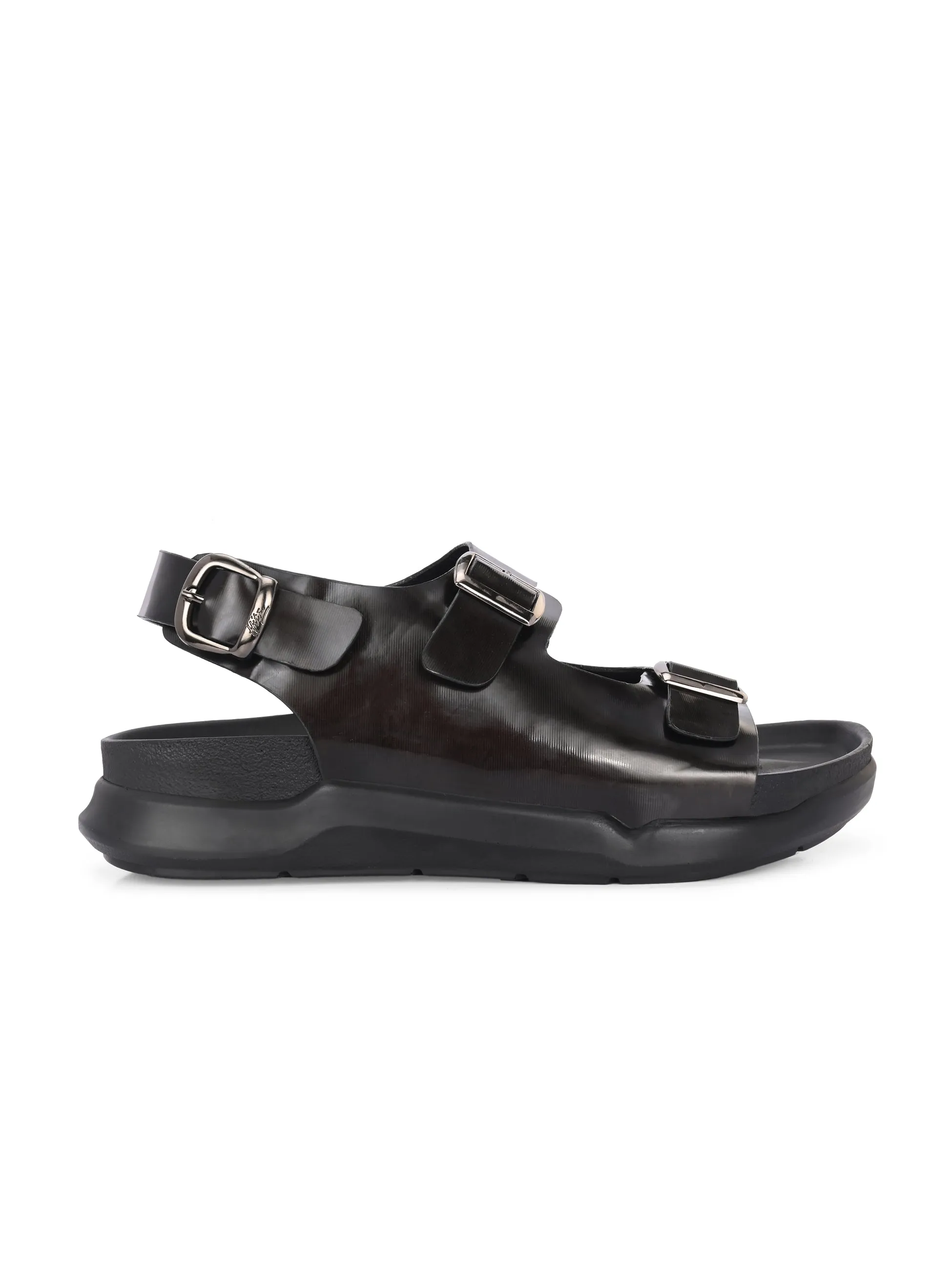 Hitz Men's Black Leather Daily Wear Sandals