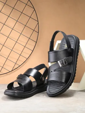 Hitz Men's Black Leather Open Toe Slip-On Sandals