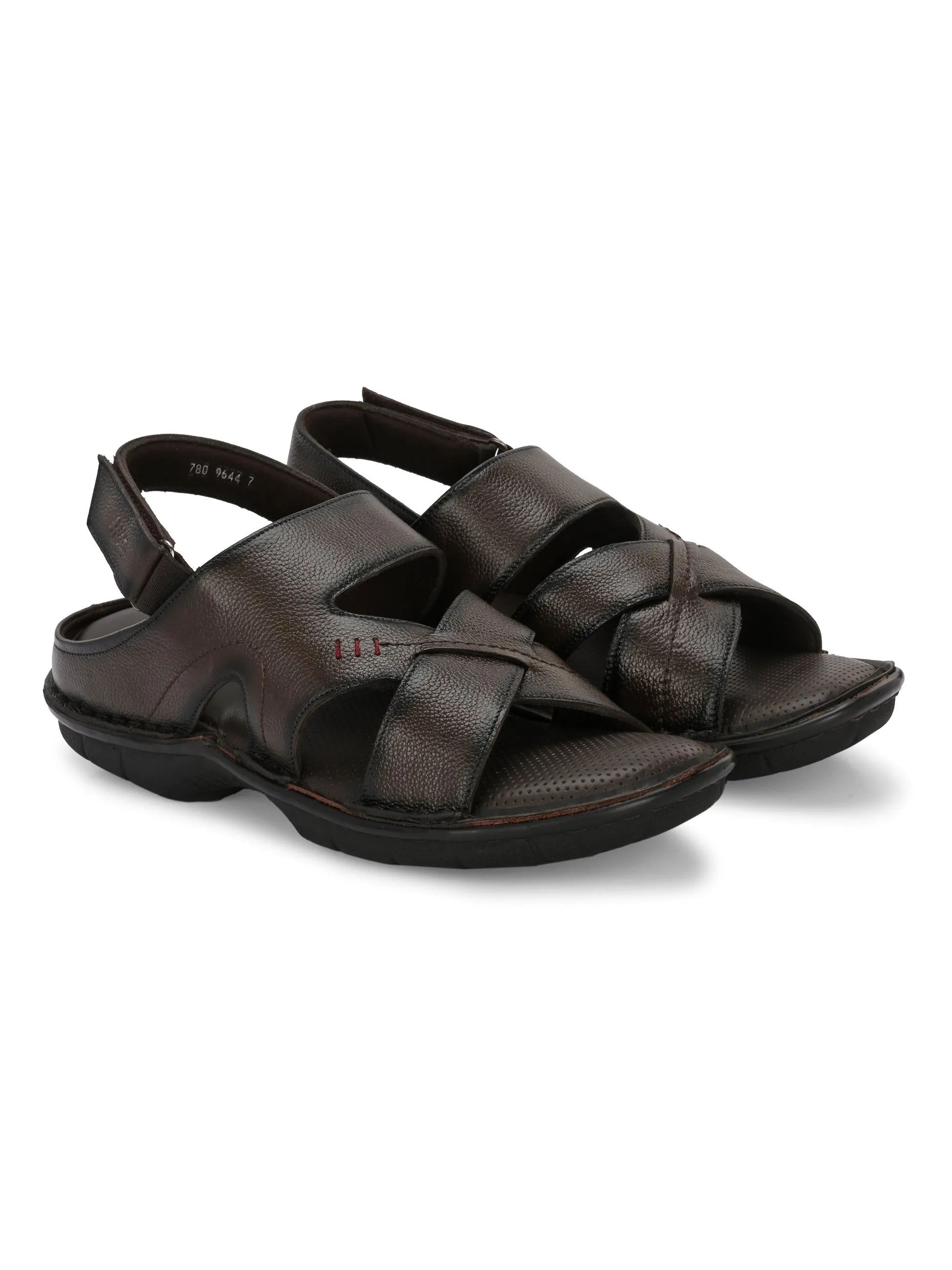 Hitz Men's Brown Leather Open Toe Comfort Sandals with Velcro Closure