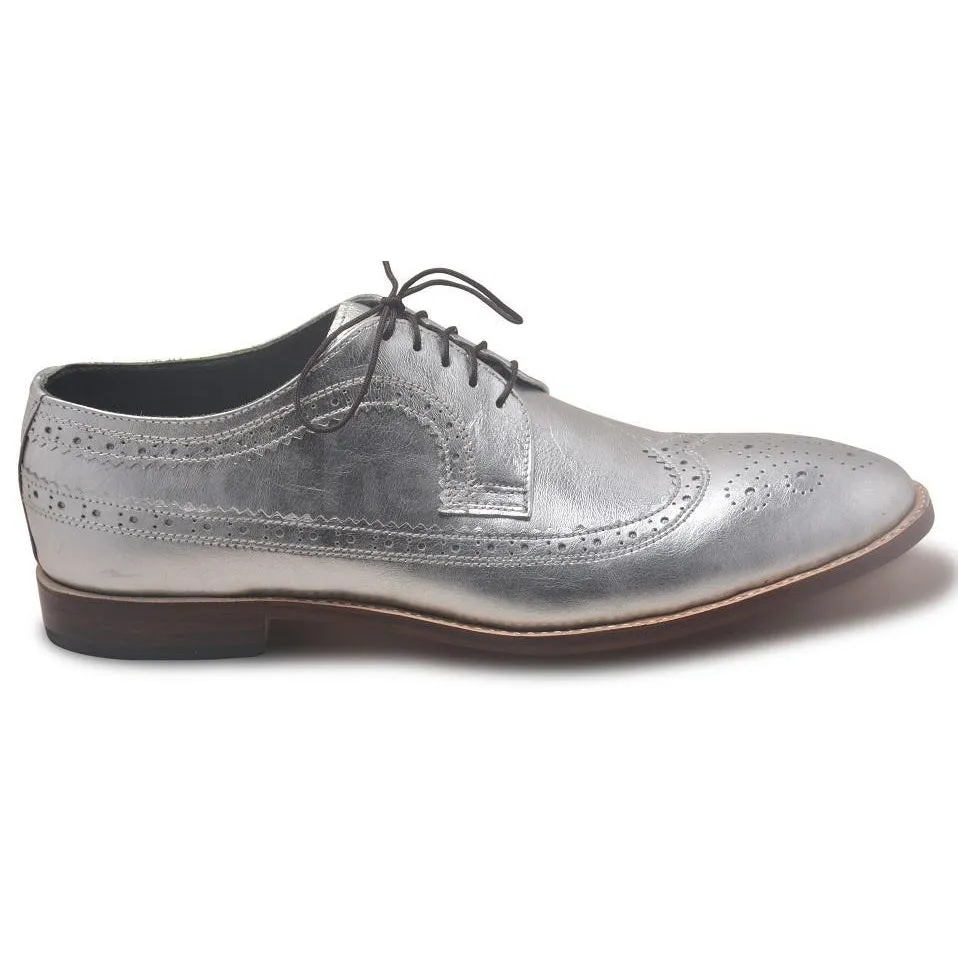 Men Silver Wingtip Brogue Derby Genuine Leather Shoes