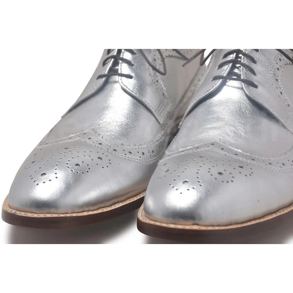 Men Silver Wingtip Brogue Derby Genuine Leather Shoes