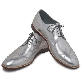 Men Silver Wingtip Brogue Derby Genuine Leather Shoes