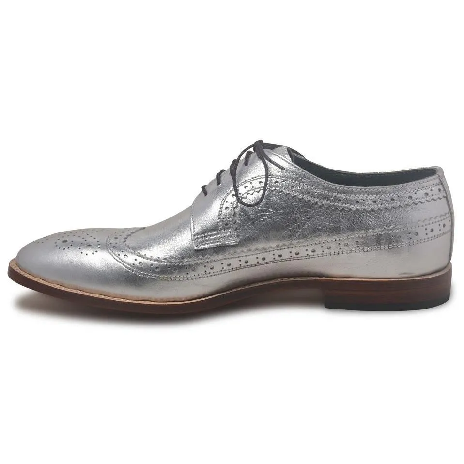 Men Silver Wingtip Brogue Derby Genuine Leather Shoes