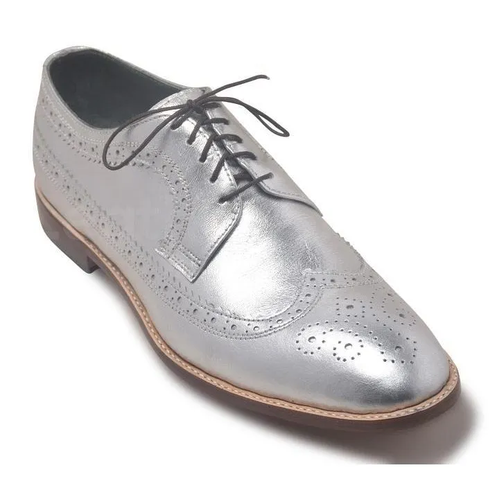 Men Silver Wingtip Brogue Derby Genuine Leather Shoes