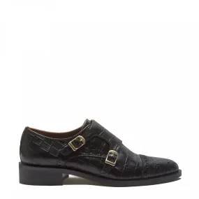 Vendôme Sophie croco black calfskin leather double monk shoes