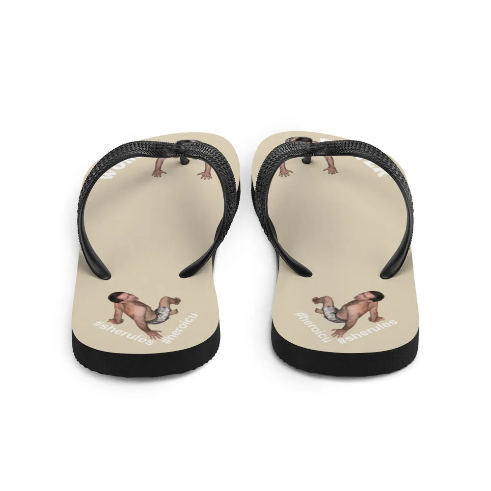 Woman Power Fabric Top Flip Flop Sandal Has Men Bow To Your Toes Beige Color with White Letters (NEW 2023-04)