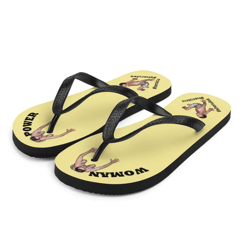 Woman Power Fabric Top Flip Flop Sandal Has Men Bow To Your Toes Pale Yellow Color with Black Letters (NEW 2023-04)