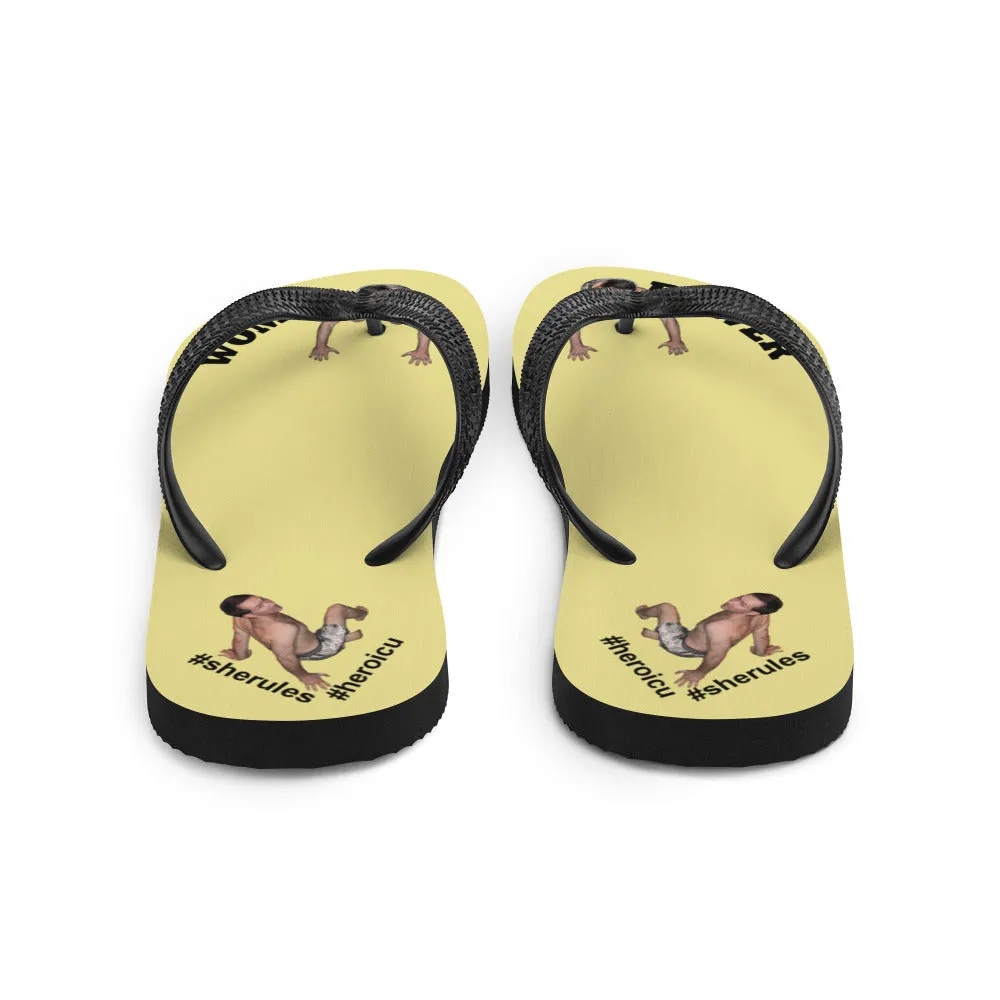 Woman Power Fabric Top Flip Flop Sandal Has Men Bow To Your Toes Pale Yellow Color with Black Letters (NEW 2023-04)