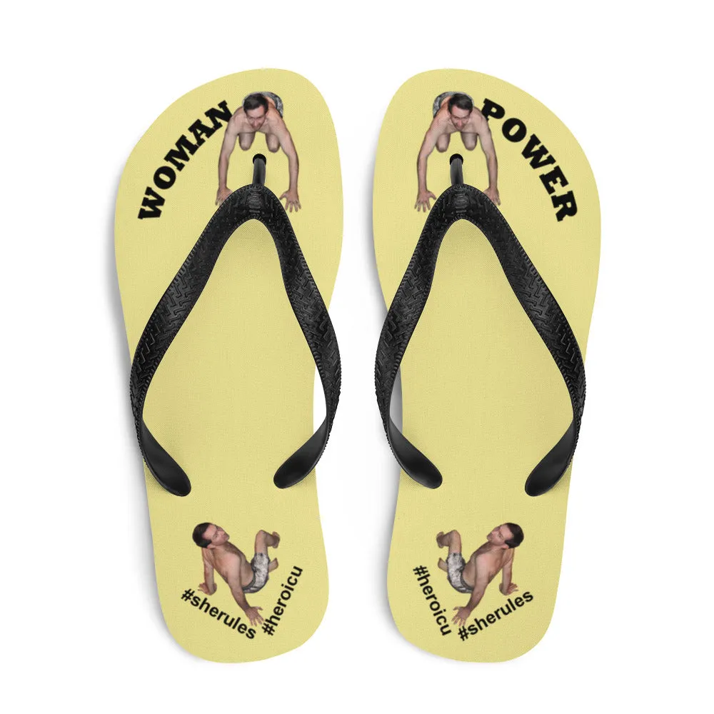 Woman Power Fabric Top Flip Flop Sandal Has Men Bow To Your Toes Pale Yellow Color with Black Letters (NEW 2023-04)